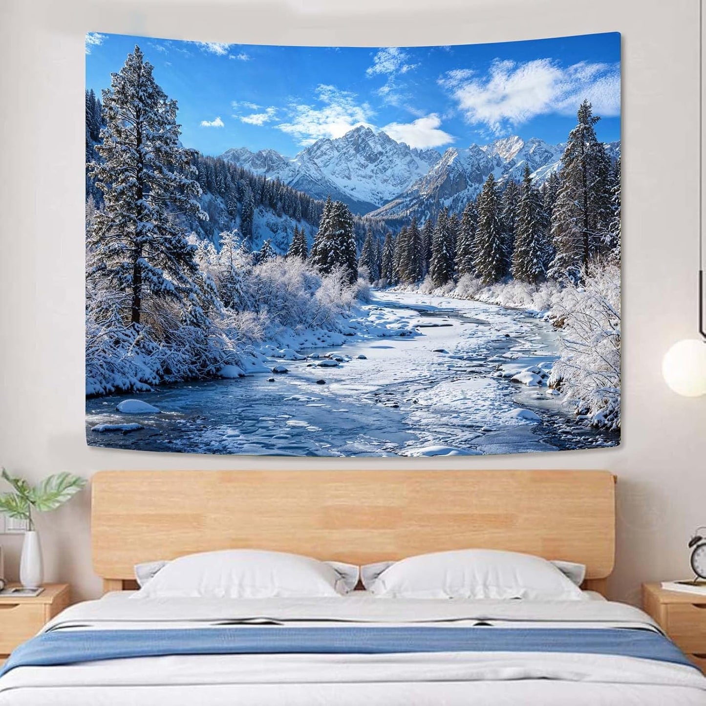 AMM Winter Forest Snow Mountain Tapestry Snowy Pine Tree Woodland Tapestry for Bedroom Aesthetic