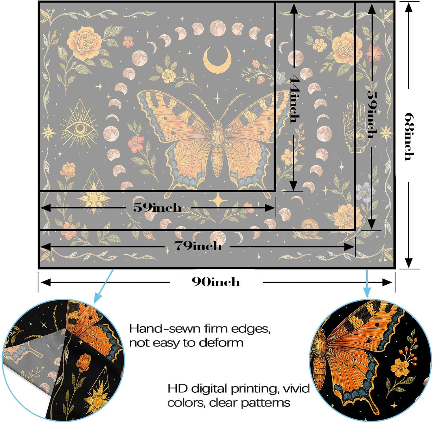Lunerfex Moon Phase Butterfly Floral Wall Tapestry, Celestial Botanical Tapestries for Room Decor