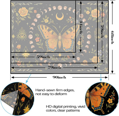 Lunerfex Moon Phase Butterfly Floral Wall Tapestry, Celestial Botanical Tapestries for Room Decor