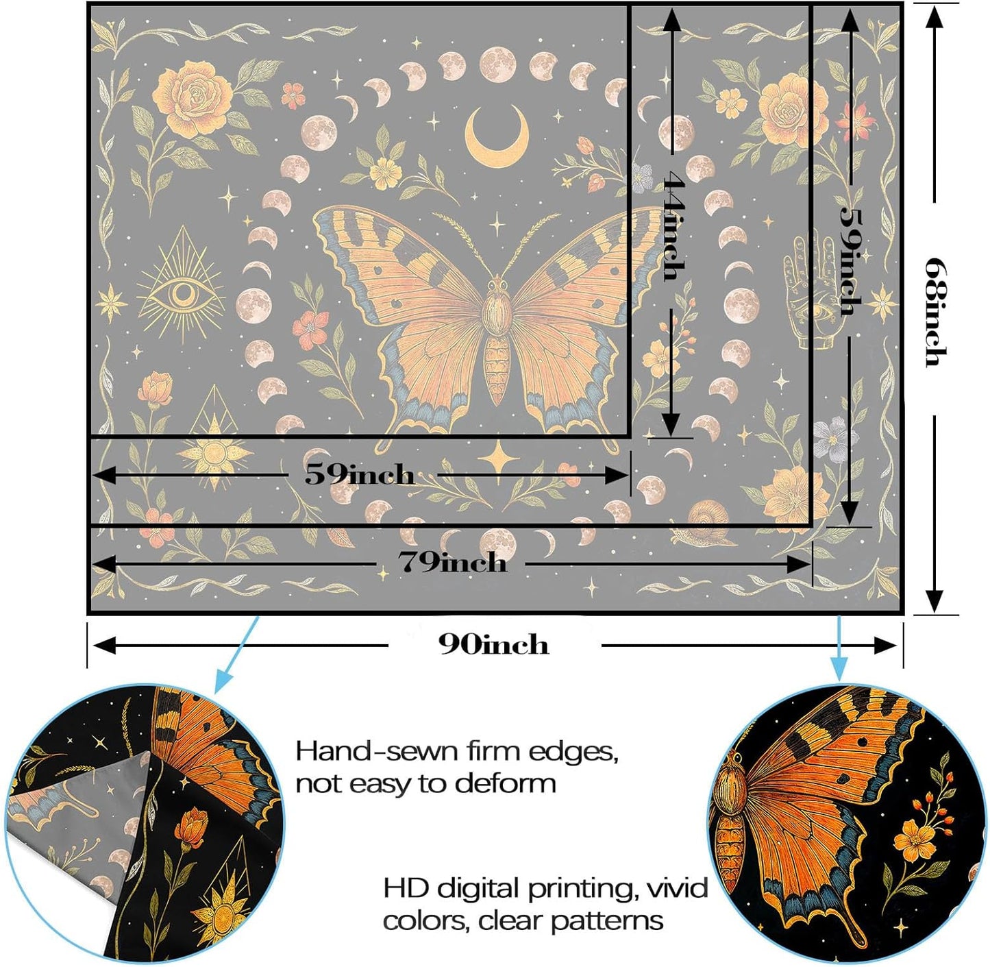 Lunerfex Moon Phase Butterfly Floral Wall Tapestry, Celestial Botanical Tapestries for Room Decor
