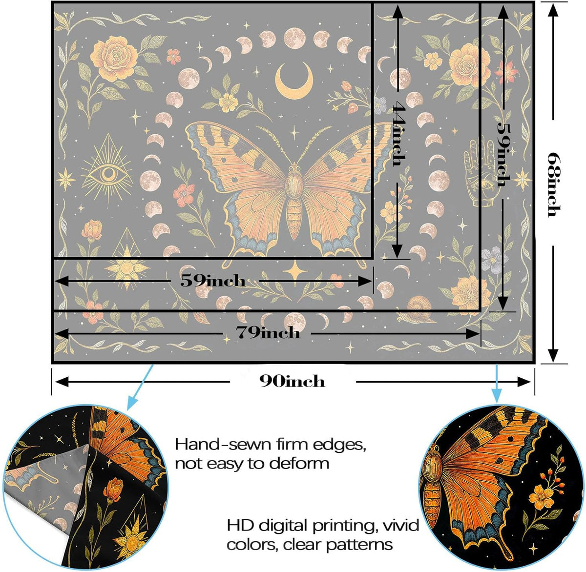 Lunerfex Moon Phase Butterfly Floral Wall Tapestry, Celestial Botanical Tapestries for Room Decor