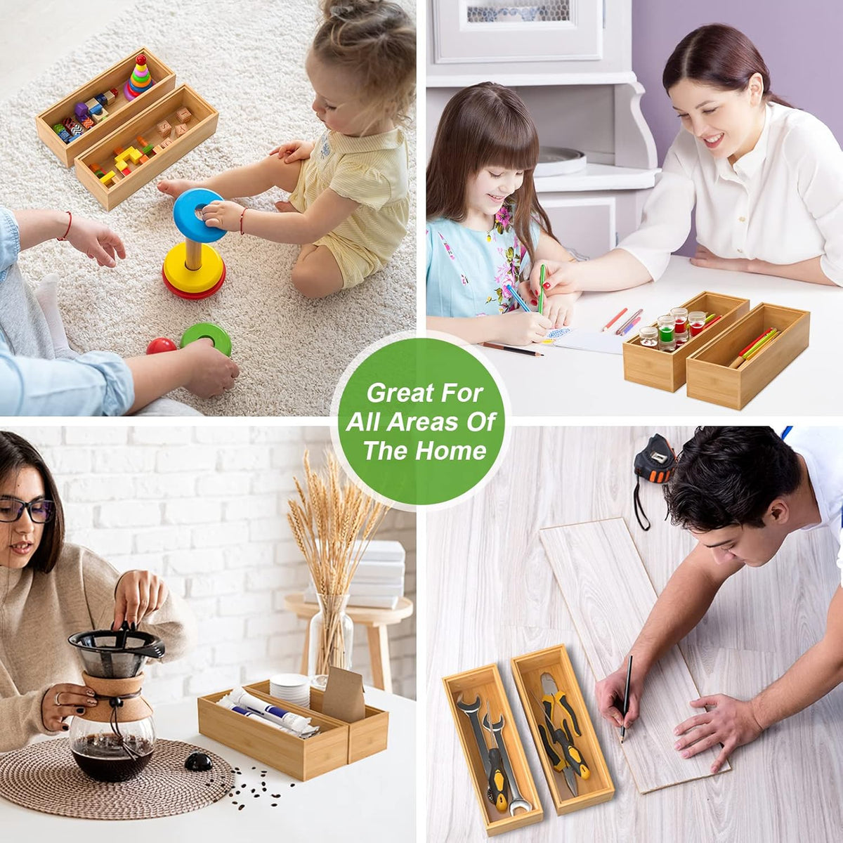 Bamboo Drawer Organizer – Set of 2 Stackable Storage Boxes, Silverware Tray & Small Gadget Holder