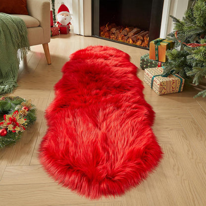 AMTOVO Faux Sheepskin Rug, Red Ultra Soft Fluffy Shag Area Rug, 2 x 6 ft Faux Fur Rug for Bedroom