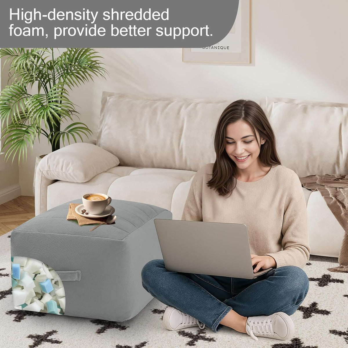MeMoreCool Square Stuffed Pouf Ottoman Foot Rest, Floor Pouf Foot Stool with Foam Chunk Filling