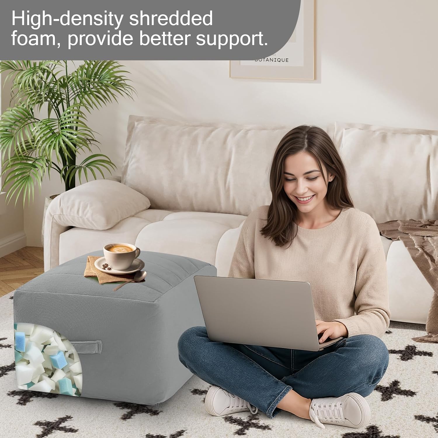 MeMoreCool Square Stuffed Pouf Ottoman Foot Rest, Floor Pouf Foot Stool with Foam Chunk Filling