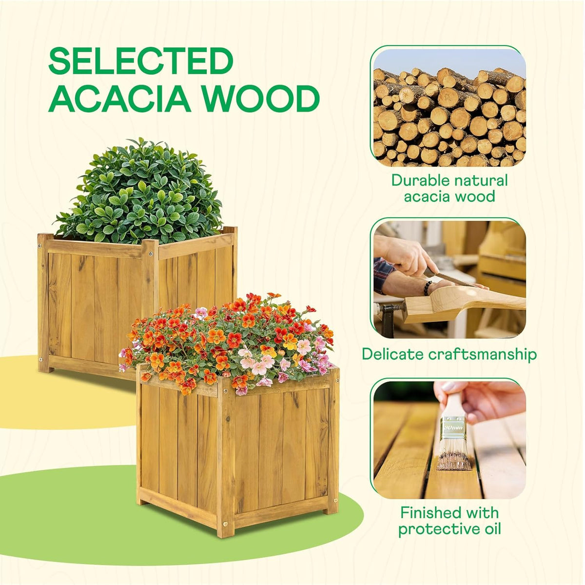 IDZO Set of 2 Acacia Wood Flower Planters for Outdoor Plants, Ergonomic Handles, Drainage Holes