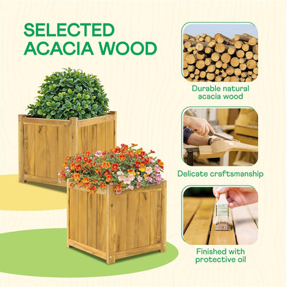 IDZO Set of 2 Acacia Wood Flower Planters for Outdoor Plants, Ergonomic Handles, Drainage Holes