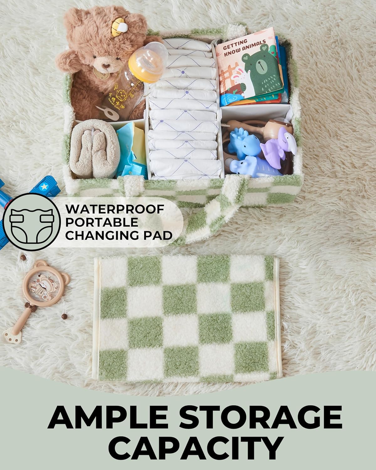Checkered Diaper Caddy Organizer with Portable Changing Mat - Teddy Fleece Diaper Organizer for