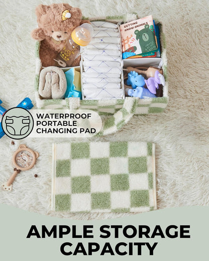 Checkered Diaper Caddy Organizer with Portable Changing Mat - Teddy Fleece Diaper Organizer for