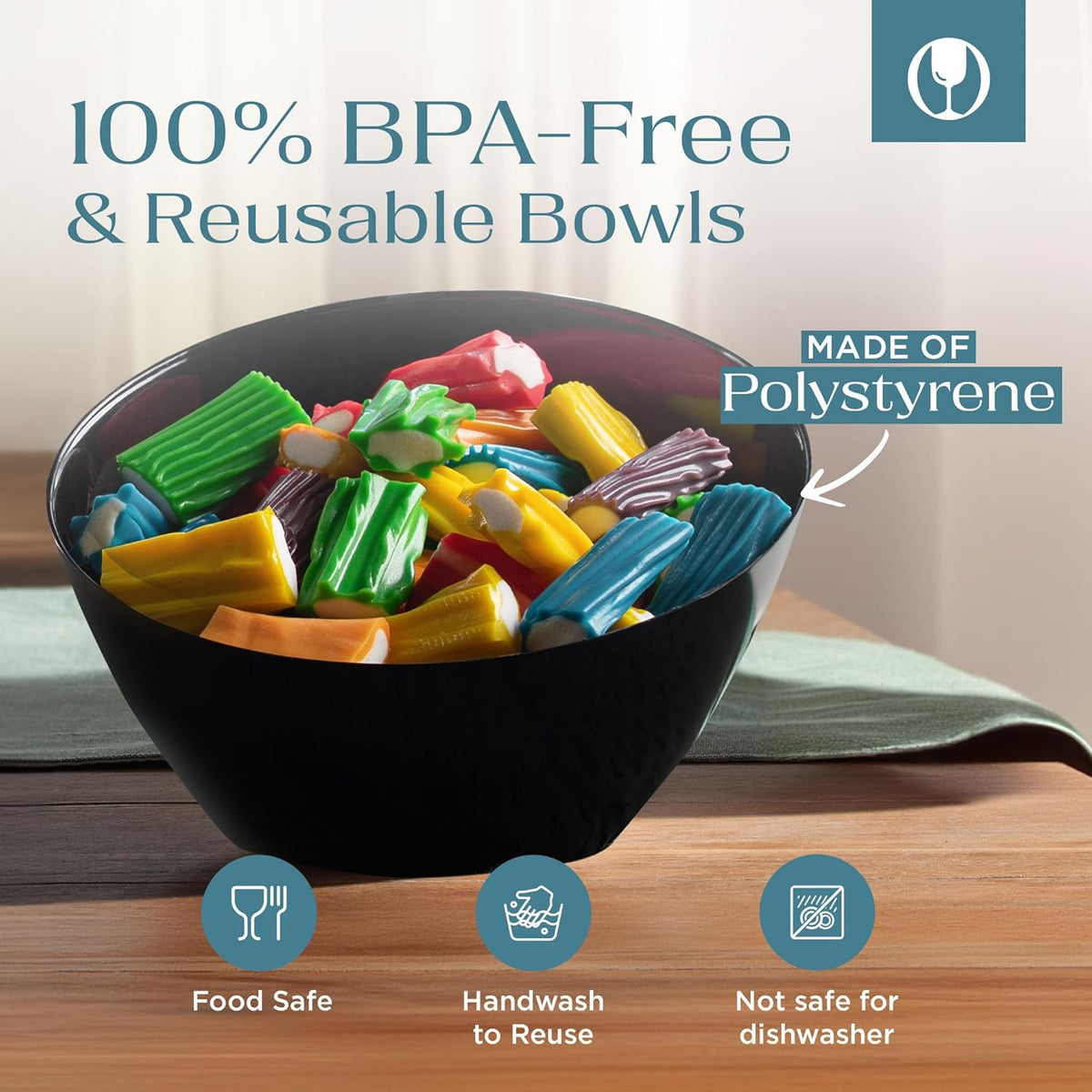 Posh Setting Black Plastic Serving Bowls Disposable - Angled Bowls - Angled Candy Bowl - Plastic