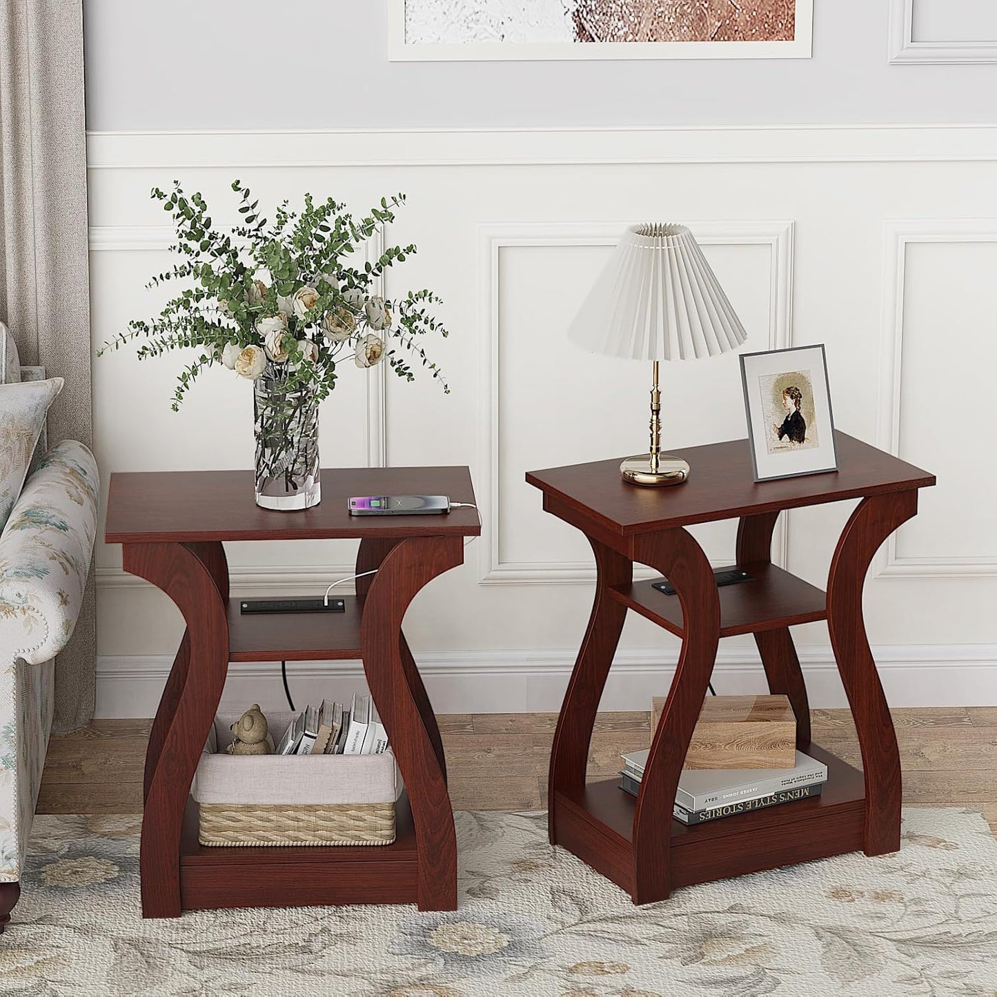 End Tables Living Room Set of 2,Cherry End Table with Charging Station,Side Table, Nightstand for