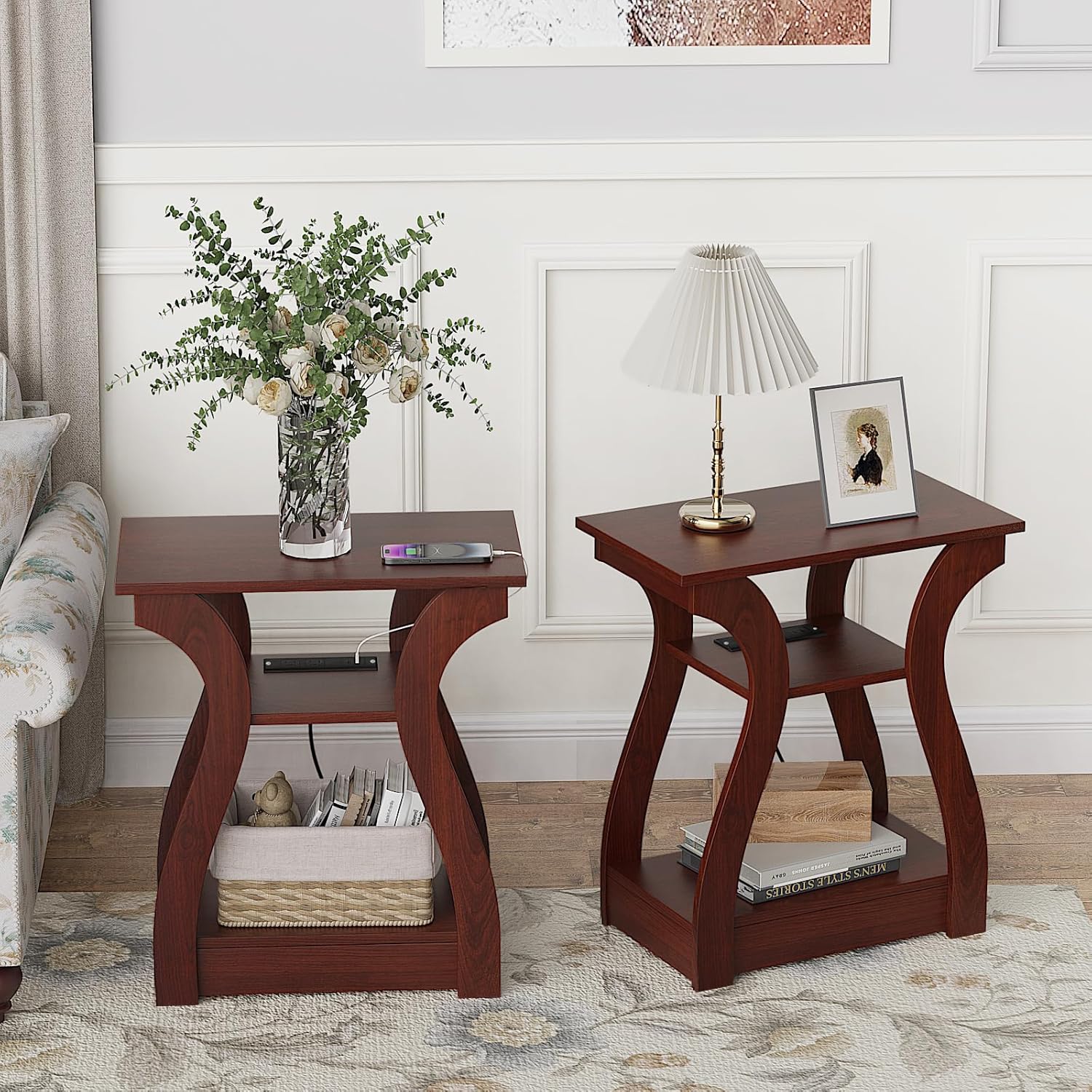 End Tables Living Room Set of 2,Cherry End Table with Charging Station,Side Table, Nightstand for