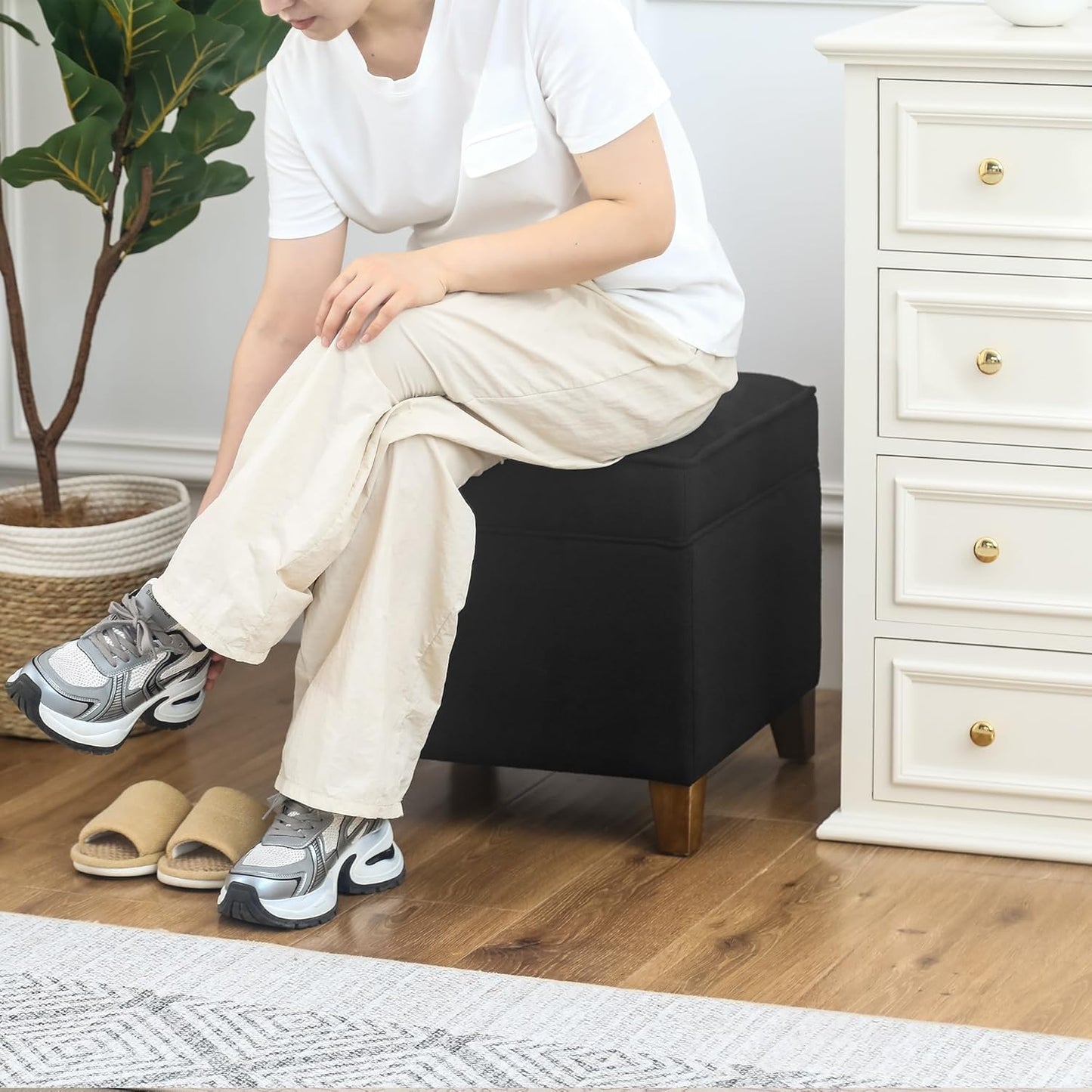 Adeco 17.5" Square Fabric Ottoman with Storage - Upholstered Cotton Linen Foot Rest - Flip Top