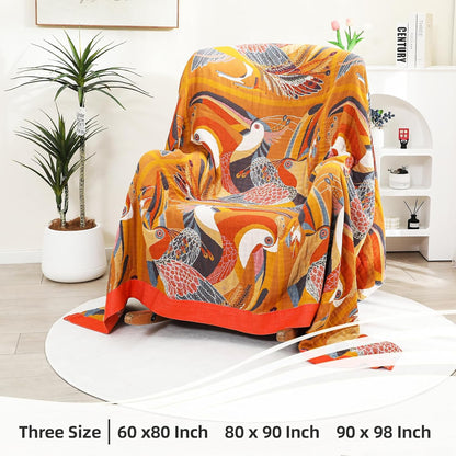 Boho Large Throw Blanket, 100% Organic Muslin Cotton Breathable Soft Bed Throw - Floral Bird