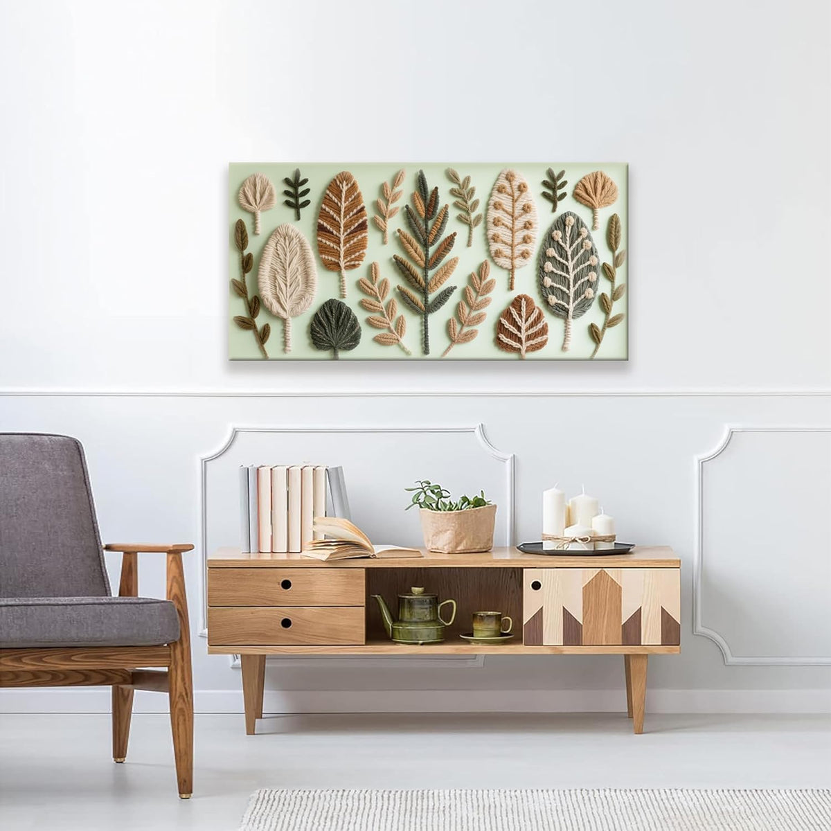 Boho Wall Art Chic Home Wall Art Modern Bohemian Feather Green Canvas Wall Art Decor For Apartment