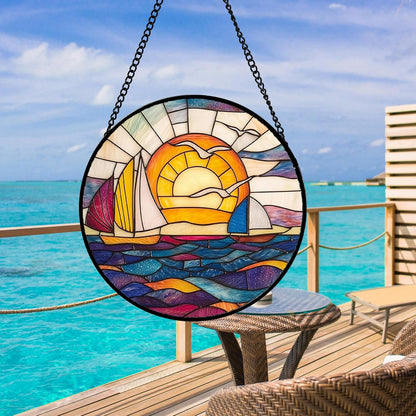 Stained Glass Window Hanging, Sailboat and Waves Suncatcher Diamond Glass Panel Hangings Sun