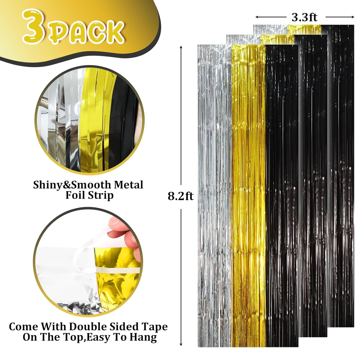 3 Pack 3.3 x 8.2 ft Black Gold Silver Foil Fringe Backdrop Curtains, Tinsel Streamers Party