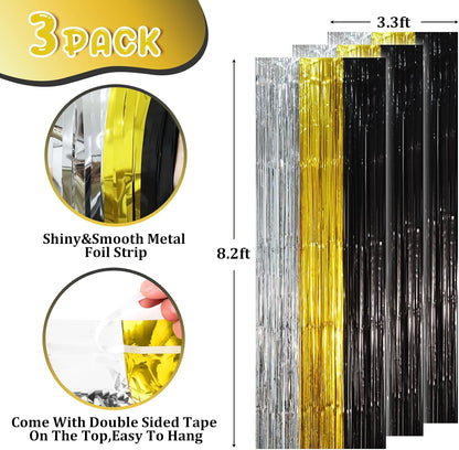 3 Pack 3.3 x 8.2 ft Black Gold Silver Foil Fringe Backdrop Curtains, Tinsel Streamers Party