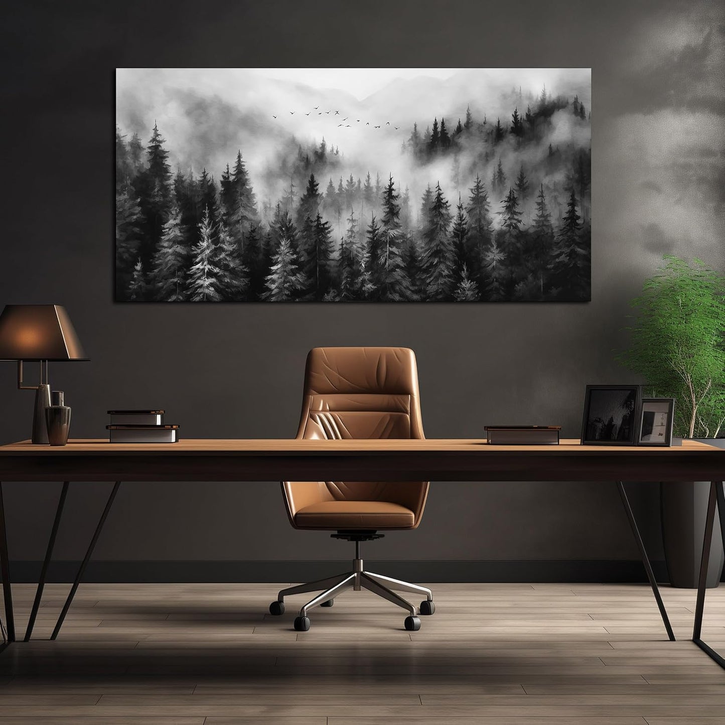 Large Pictures for Living Room Foggy Forest Canvas Wall Art for Bedroom Black Home Office Wall