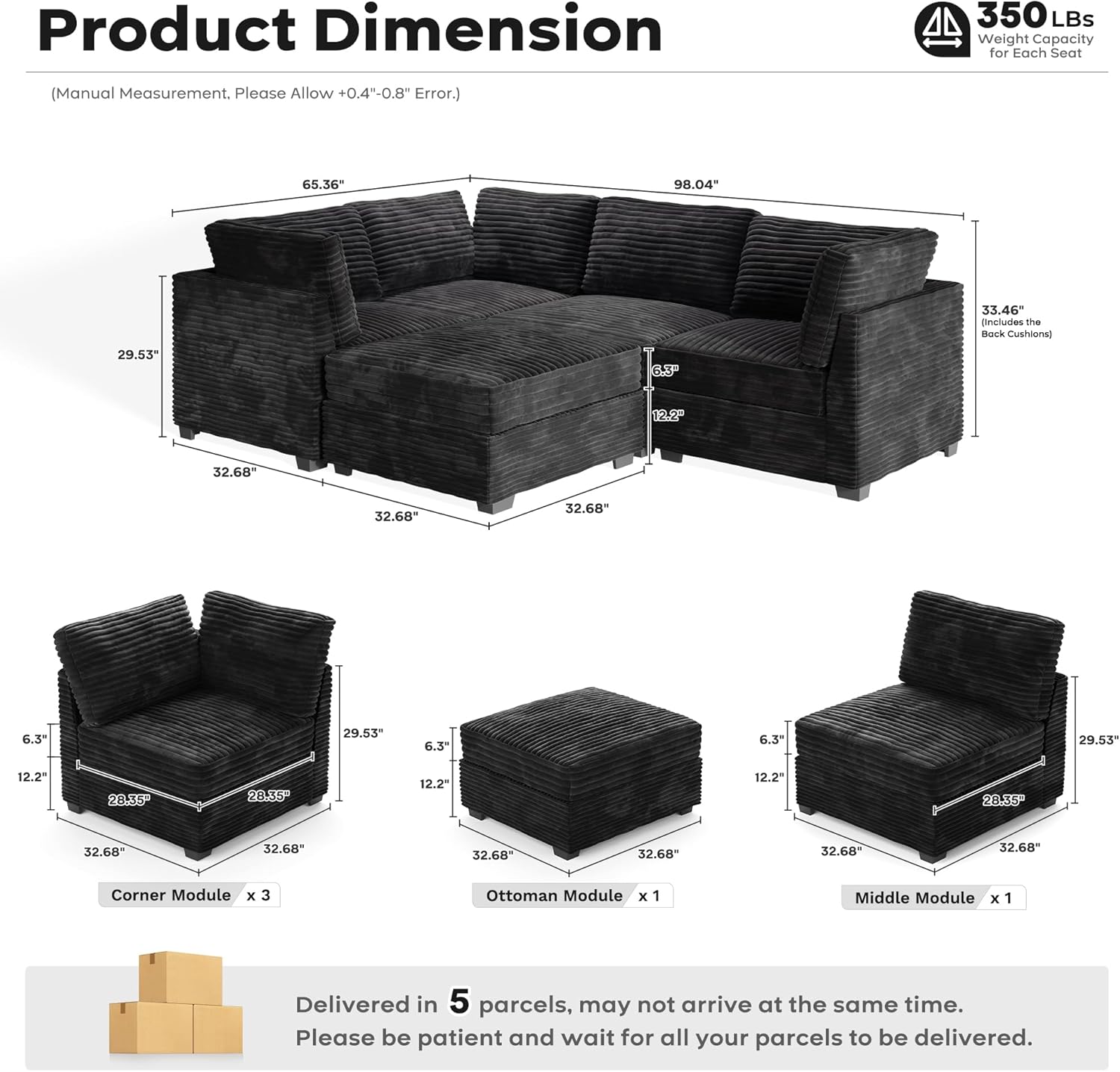 ovios Sectional Sofa Couch with L-Shape Chaise Sofa Bed, Comfy Modular Cloud Couches with Deep