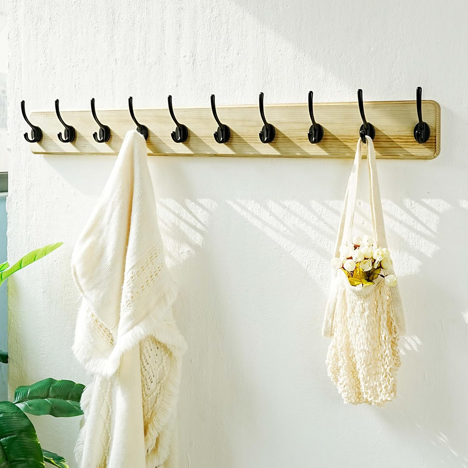 Dseap Coat Rack Wall: 38-1/4" Long, Patented, Heavy-Duty, 10-Double-Hooks Wooden Wall Mounted Coat