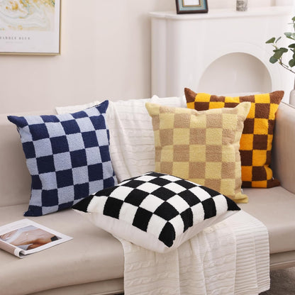 Alysheer Checkered Embroidered Decorative Throw Pillow Covers 18"x 18" Set of 2, Classic Chic Navy