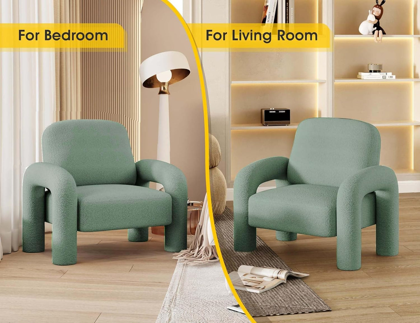 Modern Sherpa Accent Chair, Teddy Upholstered Arm Single Sofa, Cozy Fluffy Reading Chair for Living