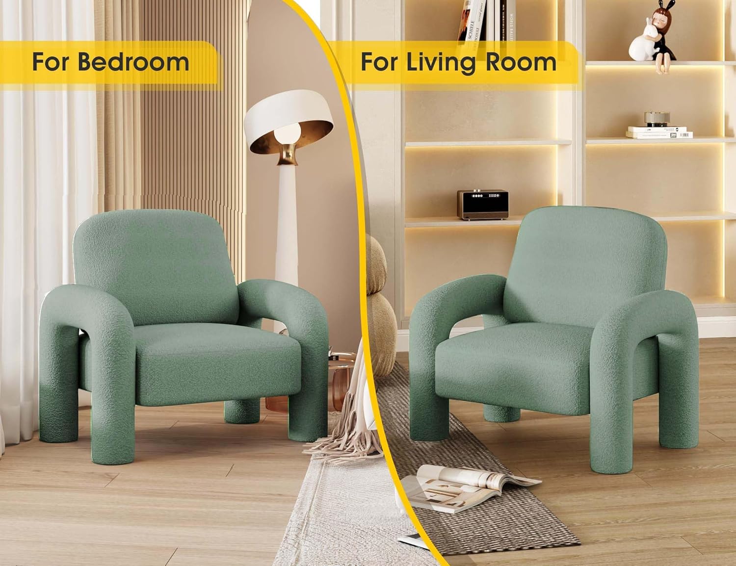 Modern Sherpa Accent Chair, Teddy Upholstered Arm Single Sofa, Cozy Fluffy Reading Chair for Living