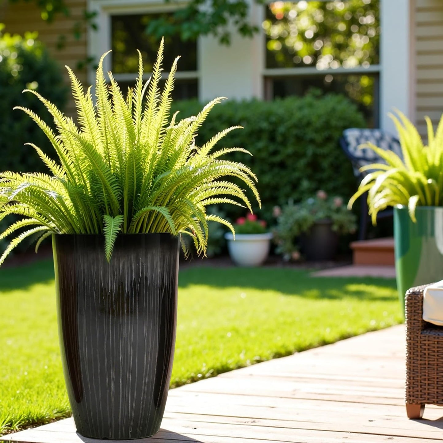 Worth Garden 23.5" H. Large Plastic Planters - Set of 2 Gradient Black Glossy Smooth Finish - Tall