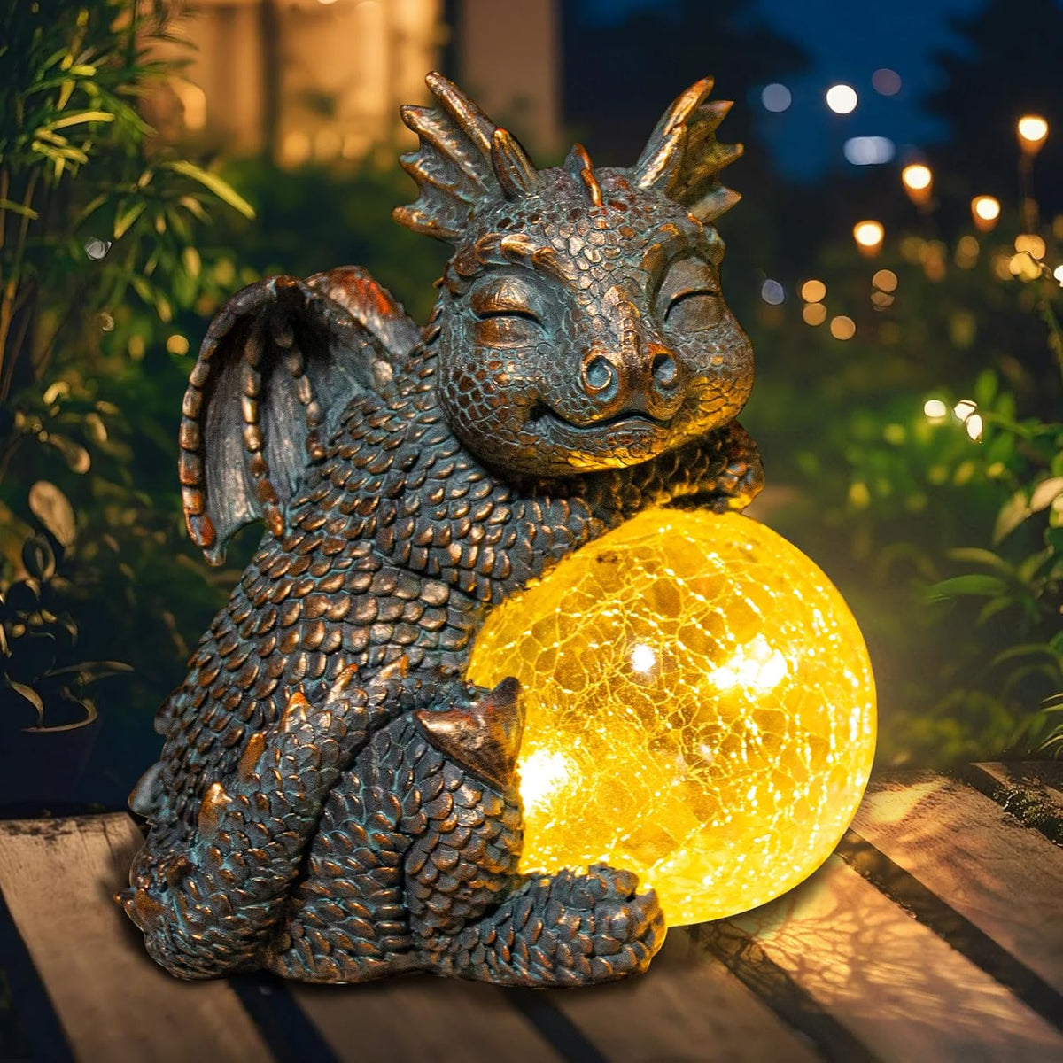 WONDER GARDEN Dragon Statue - Sleeping Dragon Figurines Solar Light Resin Garden Statues with