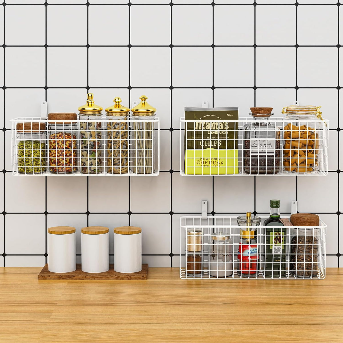 Joben Oligey 3 Set [Extra Large] Hanging Wall Wire Baskets, Farmhouse Food Storage Kitchen Pantry