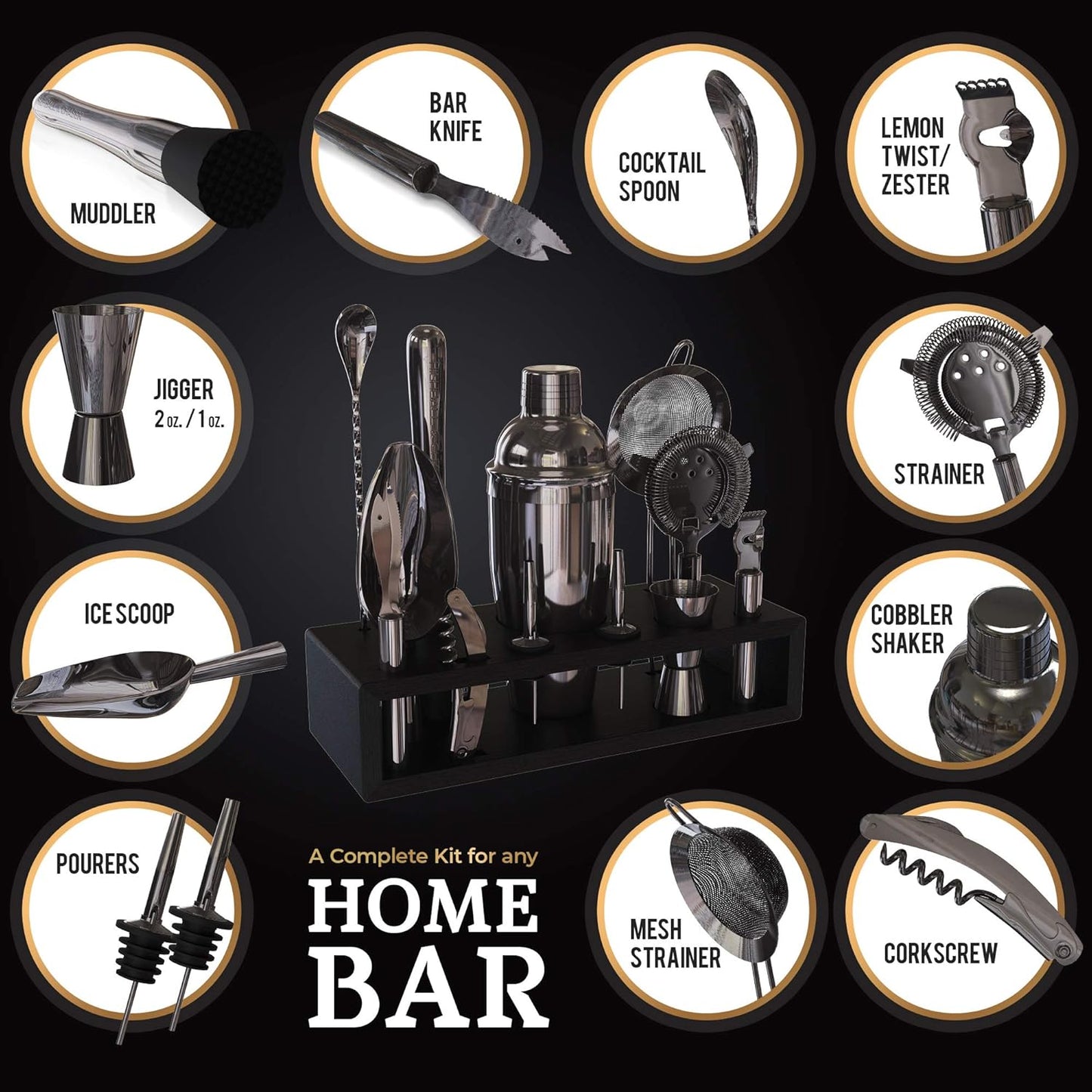 Highball & Chaser 13-Piece Cobbler Cocktail Shaker Set: Black Polished Stainless Steel Bartender