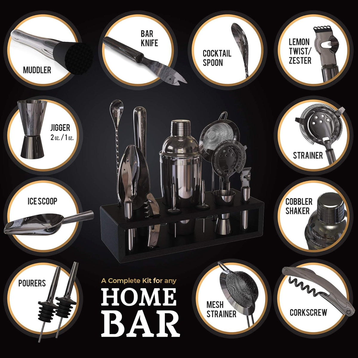 Highball & Chaser 13-Piece Cobbler Cocktail Shaker Set: Black Polished Stainless Steel Bartender