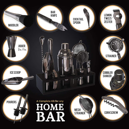 Highball & Chaser 13-Piece Cobbler Cocktail Shaker Set: Black Polished Stainless Steel Bartender