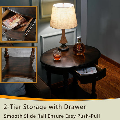 MODERION Oval End Table with Drawer, Solid Wood Sofa Side Table with Storage Shelf, Traditional