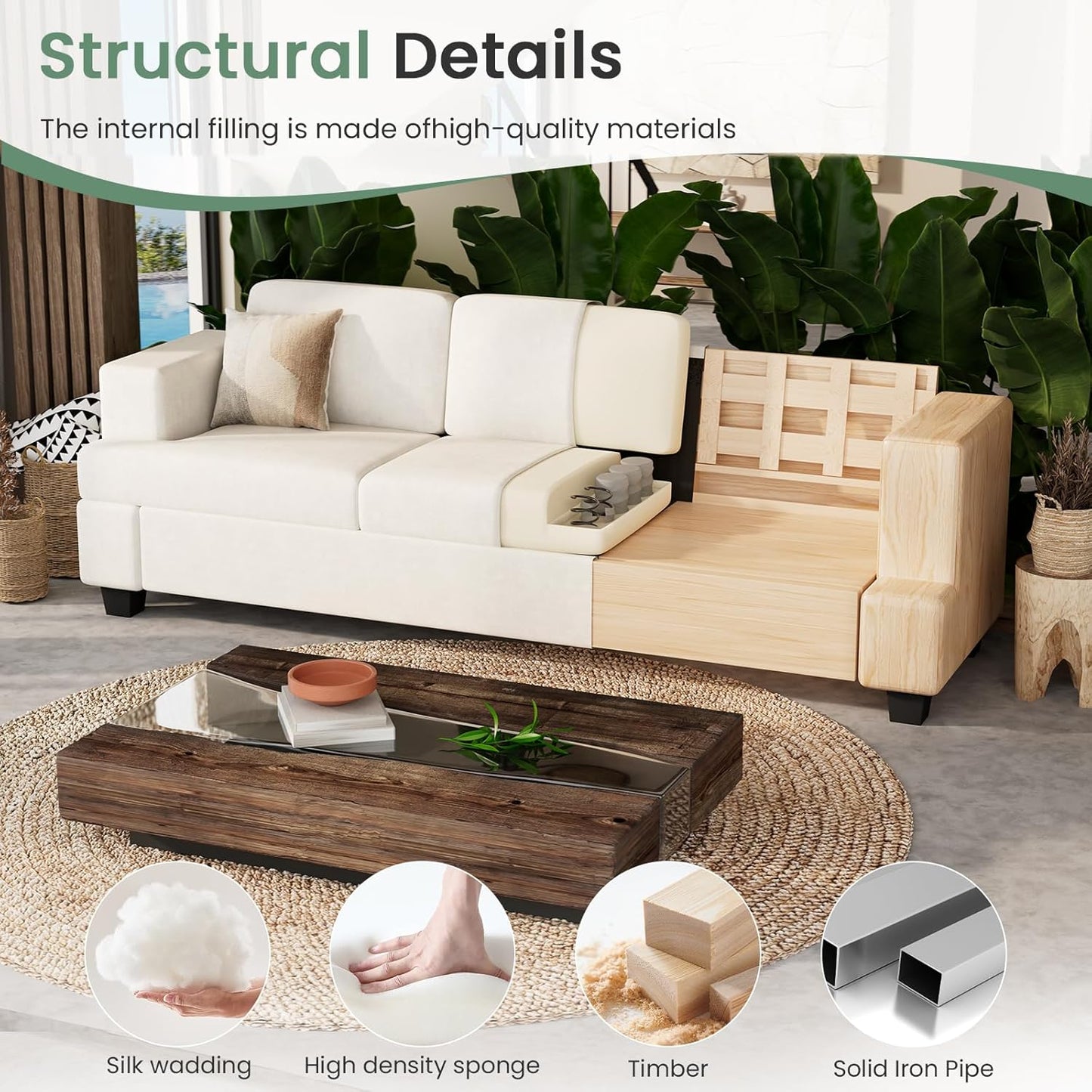 Sofa, 89" 3-Seater Deep Seat Sofa, Modern Comfy Couches for Living Room Apartment Lounge, Beige