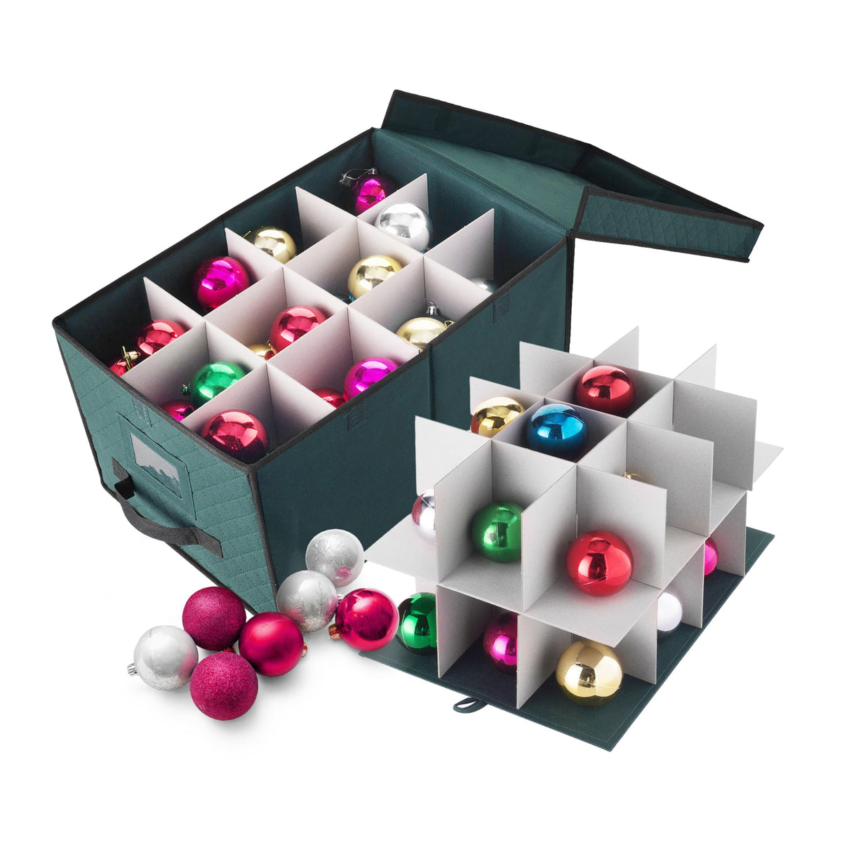 Ornament Storage Box - Flip Top Organizer Cube With 24 Individual Compartments and Dividers - For