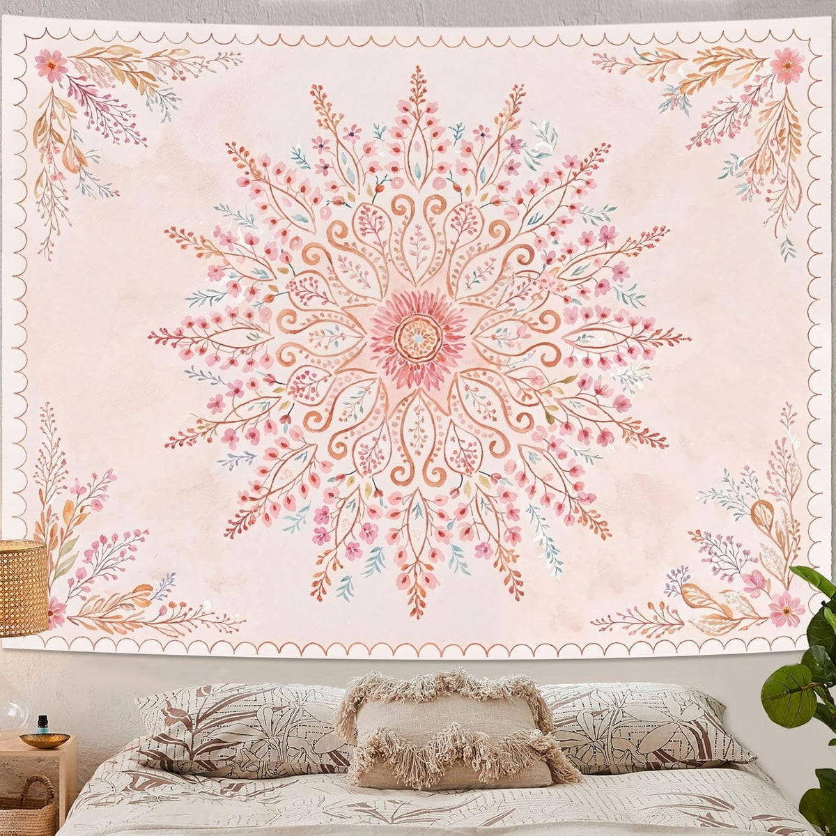 Lunerfex Floral Mandala Tapestry Boho Tapestry for Bedroom Pink Tapestries Wall Hanging Living Room