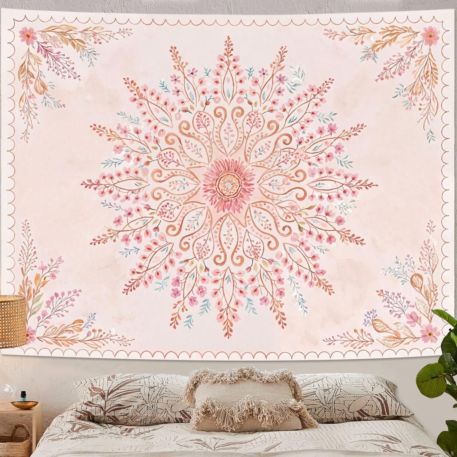 Lunerfex Floral Mandala Tapestry Boho Tapestry for Bedroom Pink Tapestries Wall Hanging Living Room