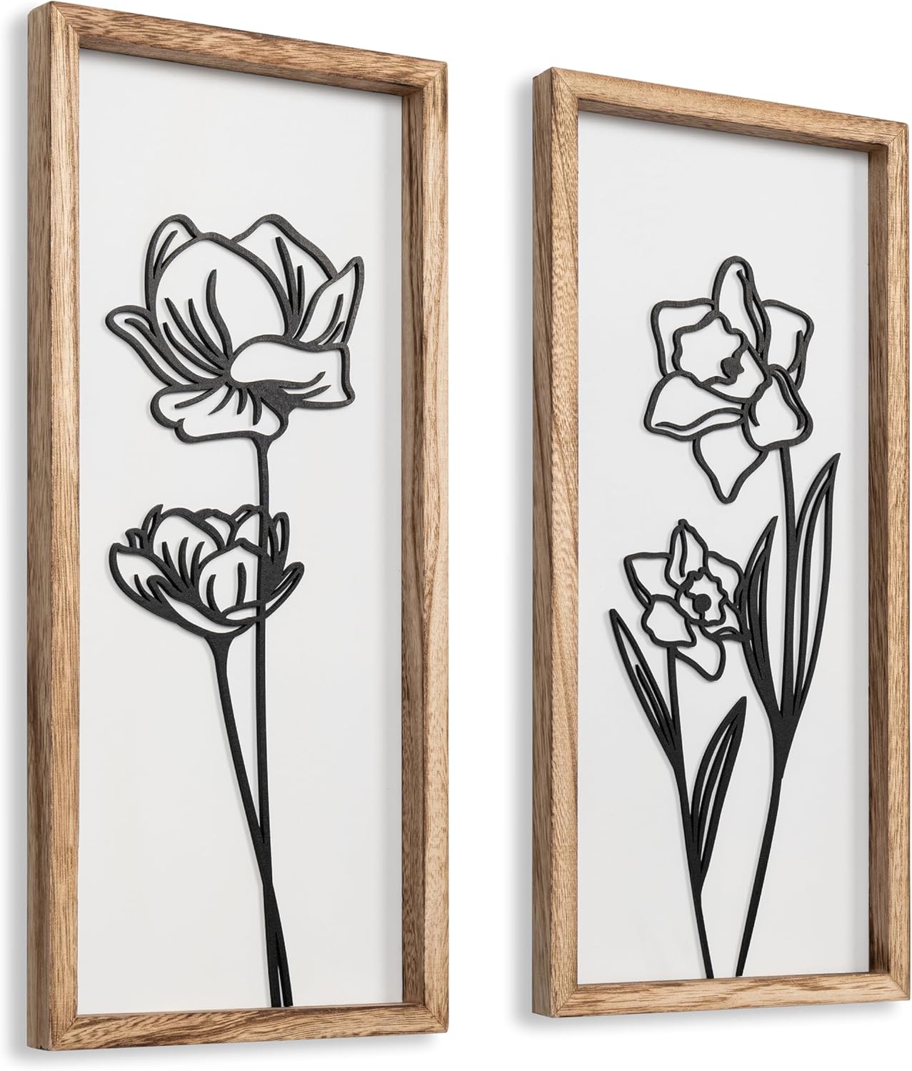 3D Black and White Wall Art (Set of 2) Lightweight, Wooden Ready-to-Hang Framed Floral Wall Art for