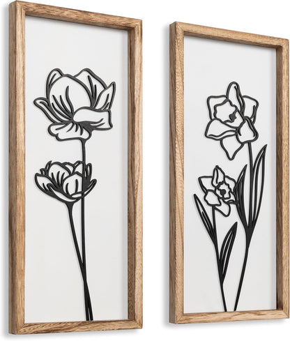 3D Black and White Wall Art (Set of 2) Lightweight, Wooden Ready-to-Hang Framed Floral Wall Art for