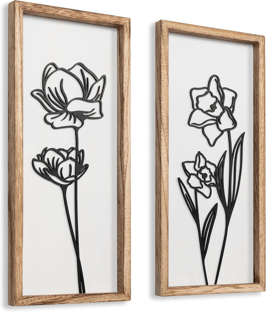 3D Black and White Wall Art (Set of 2) Lightweight, Wooden Ready-to-Hang Framed Floral Wall Art for