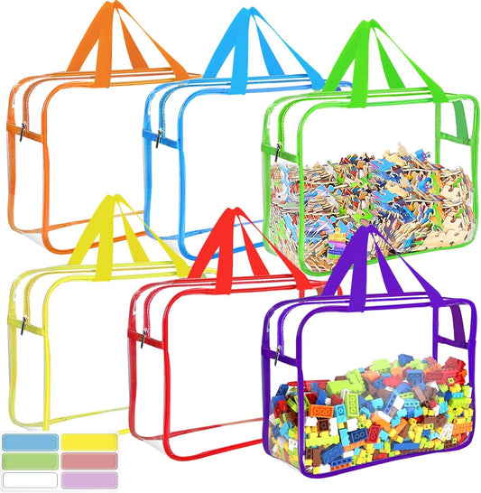 OPELETNNT 6 Color Large Toy Storage Bags with Labels, Reusable Clear PVC Board Game Storage, Travel