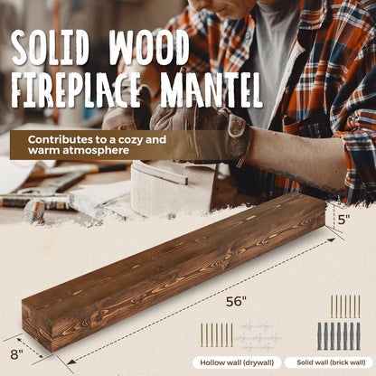 56x8x5 Fireplace Mantel - Handcrafted Hollow Rustic Solid Wood Wall Mounted Floating Shelf with