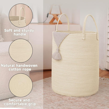 Large Woven Laundry Basket Hamper,60L Cotton Rope Storage Bin for Blankets,Toys and