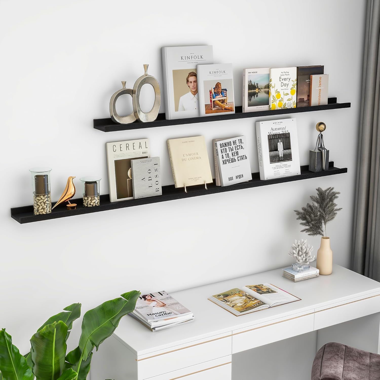 Solid Ash Wood Picture Ledge Shelf, Floating Shelves Set of 2, 56 Inch Long Large Ledge Shelves