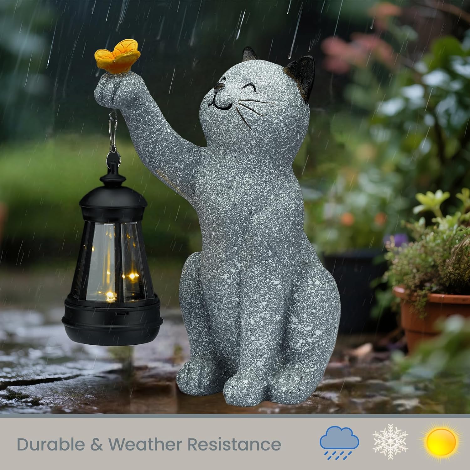 Solar Cat Garden Statue Outdoor Decor, Cat Sculpture with Lantern and Butterfly for Yard Lawn Patio
