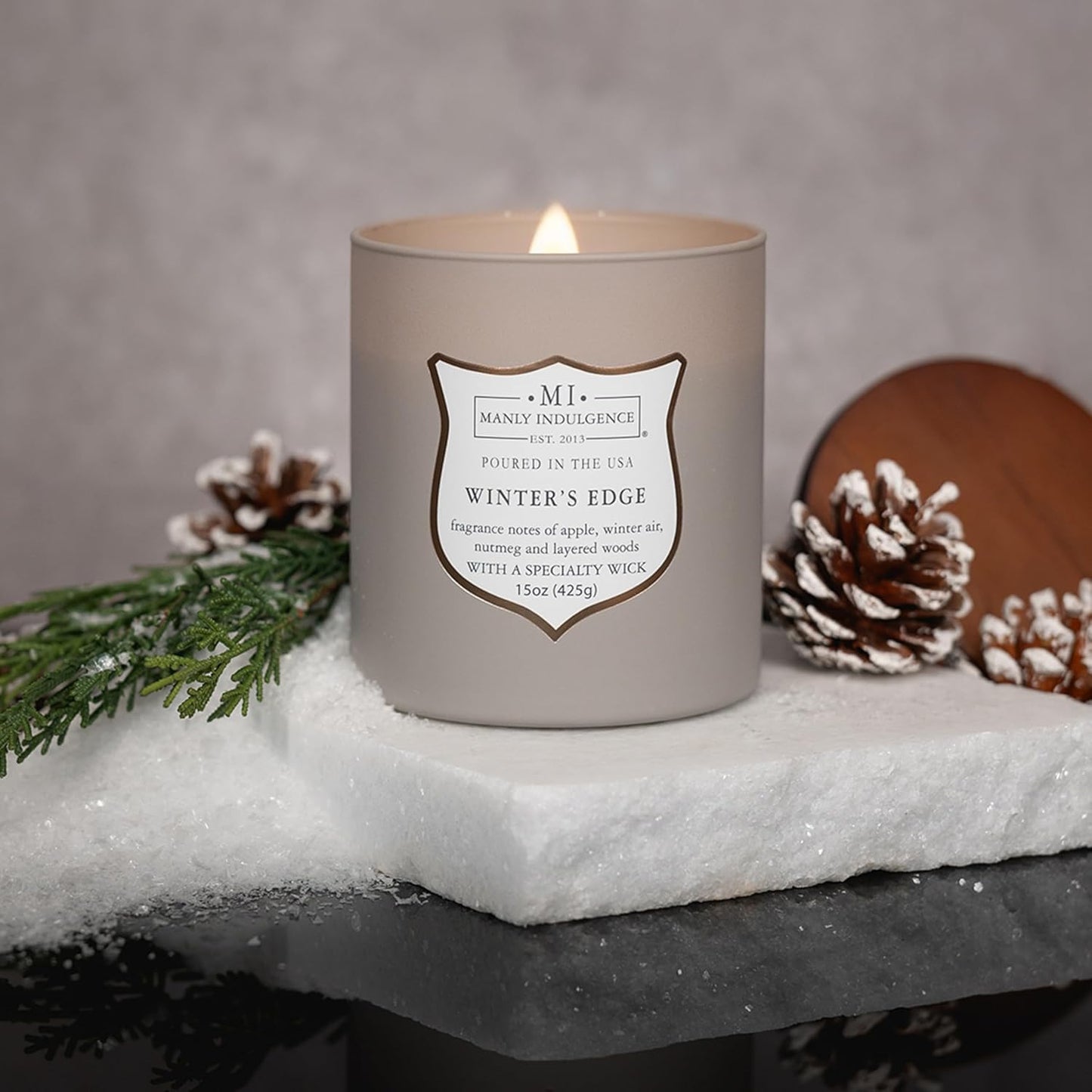 Manly Indulgence Winters Edge Scented Candles for Men, 15 oz Wooden Wick, Premium Soy Blend Wax
