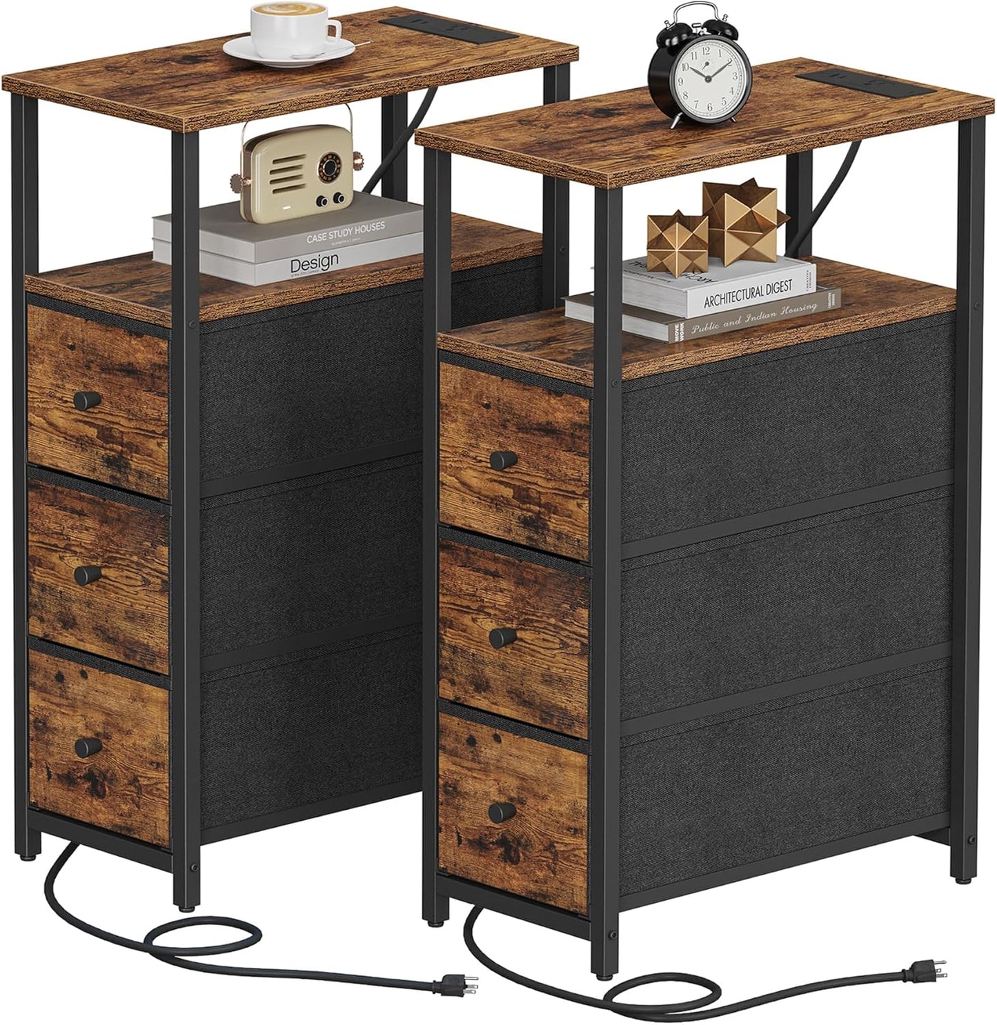 TUTOTAK Narrow Night Stand with Charging Station, Slim End Table with Plugins, Tall Side Table with