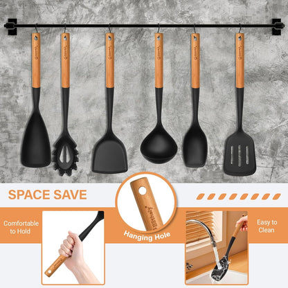 Silicone Cooking Utensils Set, 6 Pack Large Kitchen Utensils Set with Wooden Handle, Heat Resistant